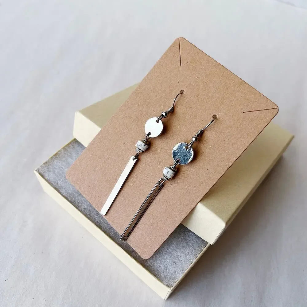 Silver and White Dangly Earrings Handmade Jewelry E1